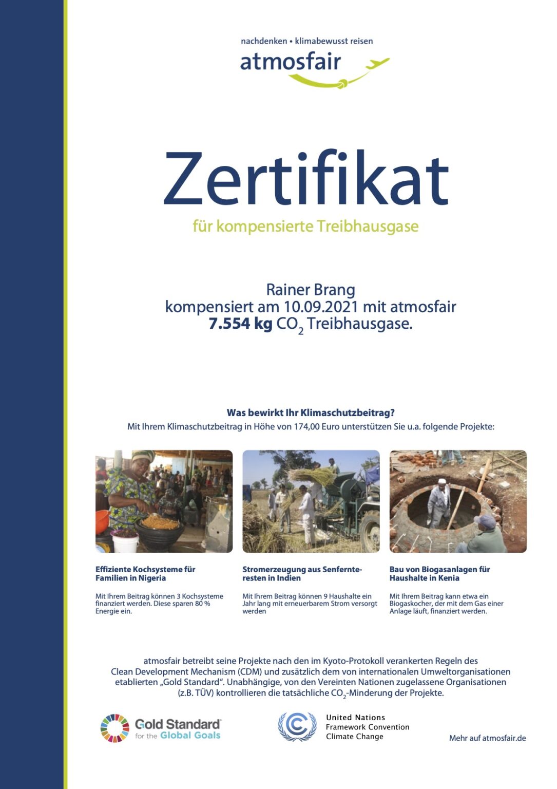 Atmosfair Zertifikat für CO2 Kompensation eines Linienflugs