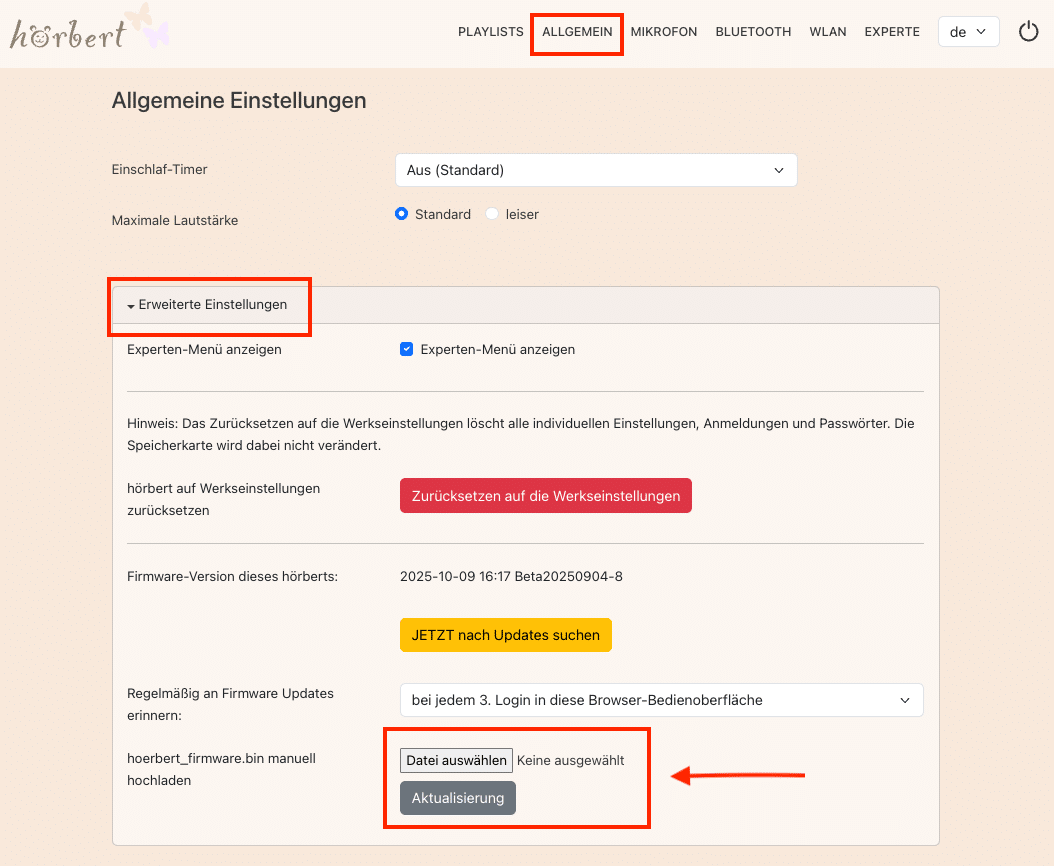 Firmware als Datei hochladen