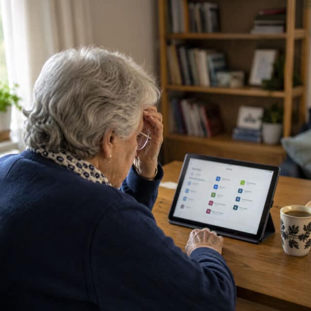 Ältere Frau sitzt an einem Tisch und wirkt unsicher beim Bedienen eines Tablets