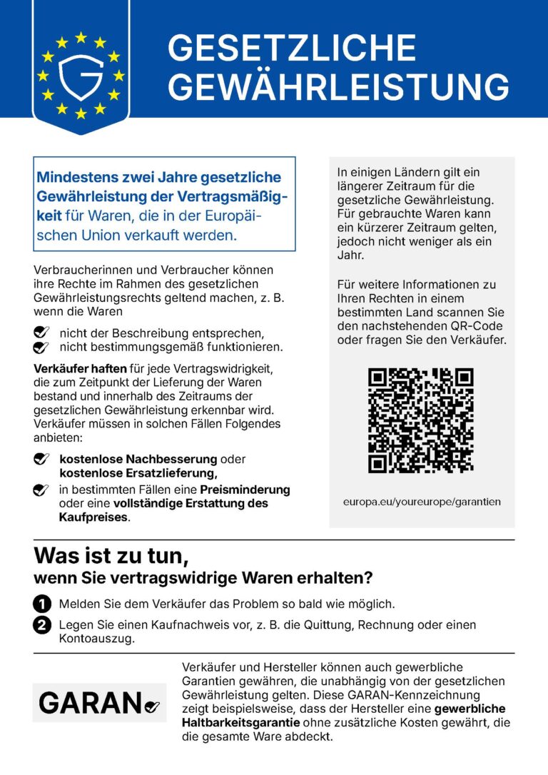 EU-Informationsblatt „Gesetzliche Gewährleistung“ zu mindestens zwei Jahren Gewährleistung mit QR-Code