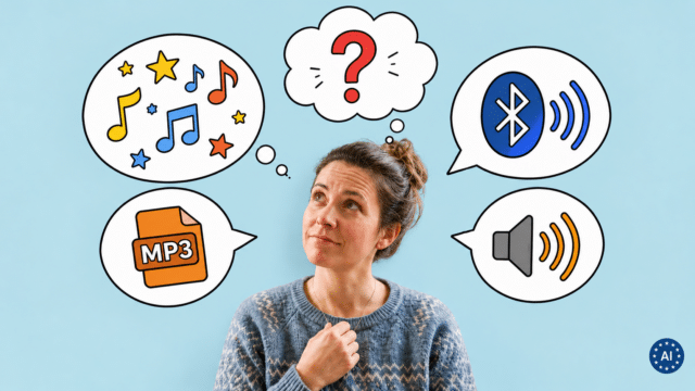 Nachdenkliche Frau, umgeben von Sprechblasen mit Fragezeichen, Noten, MP3-, Bluetooth- und Lautsprecher-Symbol
