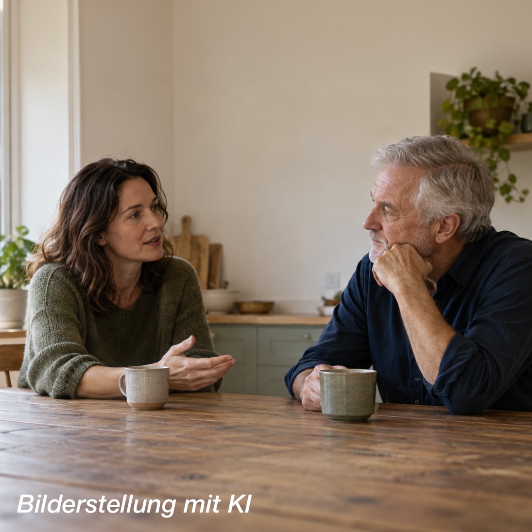 Eine Frau und ein älterer Mann führen ein aufmerksames Gespräch am Küchentisch.